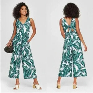 Who What Wear Banana Palm Leaf Jumpsuit Green White Size Medium